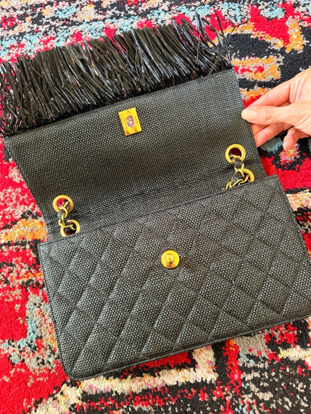Chanel ultra rare 90s Quilted Fringe Black Raffia with 24k plated Gold Hardware - Picture 4 of 11